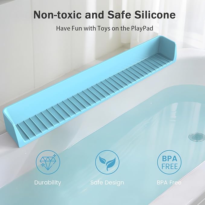 Bathtub Splash Guard PlayPad Shelf Area with Strong Suction Cups, Toy Tray Caddy Holder Storage Over Tub, Bathtub Ledge Guard, No Mess Water, Splash Protection Water Barrier for Bathroom-Blue