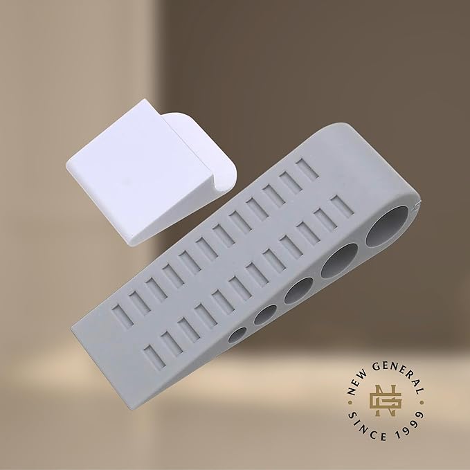 Door Stoppers (3 Pack), Heavy Duty Rubber Door Stopper Wedge for Bottom of Door on Floor, Non-Slip Stackable Door Stops for Carpet & Hard Floors, Includes Storage Holder/Bracket - Grey - 3-Pack