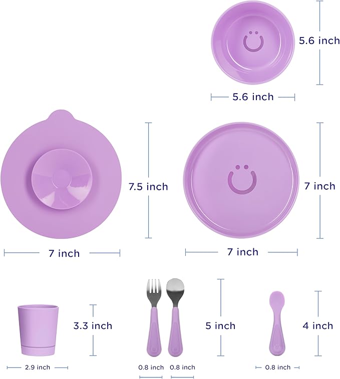 Ubbi Toddler Feeding Set, 7-Piece, Plate, Bowl, Cup + Baby & Toddler Stainless Steel Utensils, Interchangeable Suction Base, BPA-Free Dishwasher Safe, Self-Feeding for Baby-Led Weaning, Purple