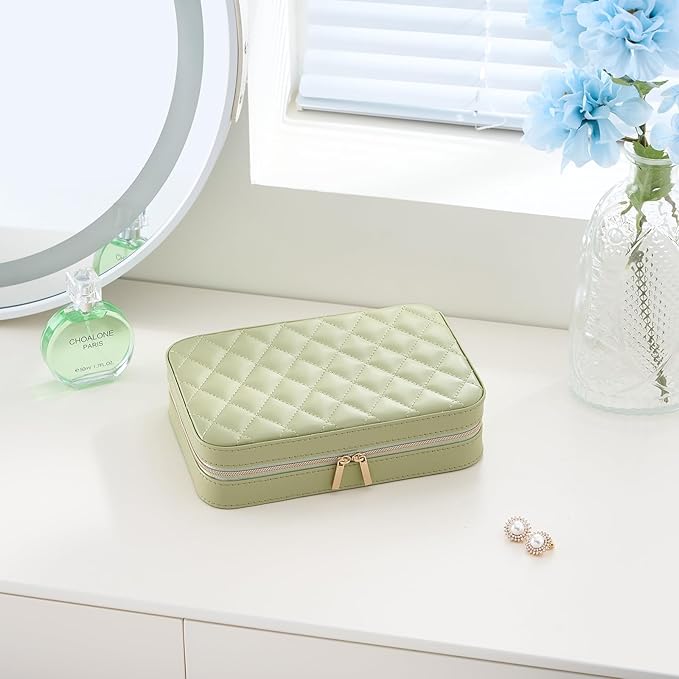 Lolalet Travel Jewelry Case for Women Girls, Travel Jewelry Organizer Box with Mirror & Clear Storage Bag, Small Portable Earring Necklace Bracelet Ring Case, Birthday Valentine Gifts -Medium, Green