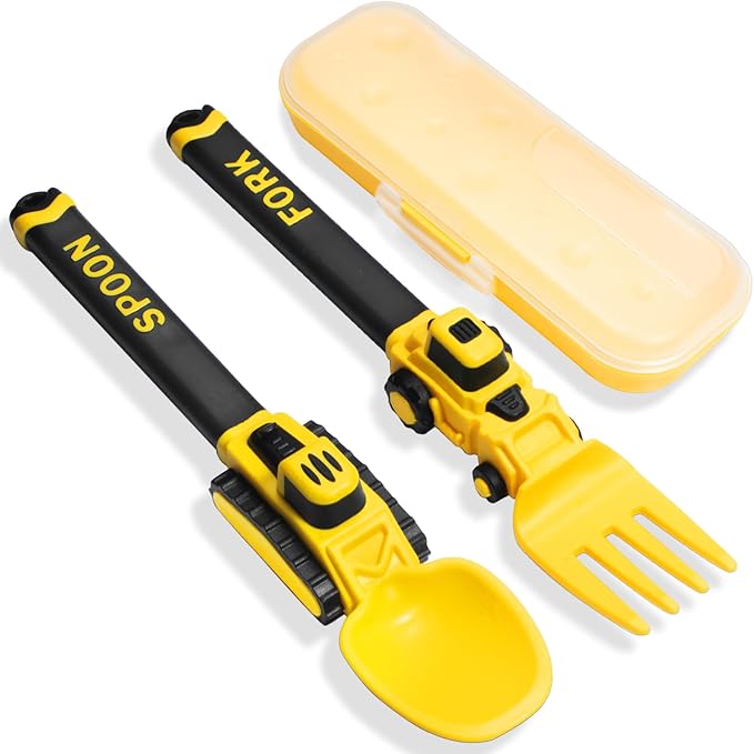 Deinyi Construction Toddler Utensils - Reusable Plastic Toddler Fork and Spoon & Storage Case - Suitable for Kids Utensils - Christmas Gifts and Birthday Gifts for 1 2 3 4 5 6 7 year old, Yellow
