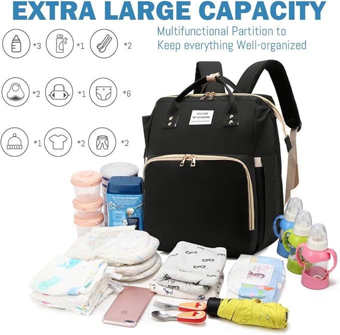 Diaper Bag Backpack with Changing Station, Nappy Baby Bags with Portable Changing Pad, 900D Waterproof Multi-Function Travel Portable Mommy Bag, Black