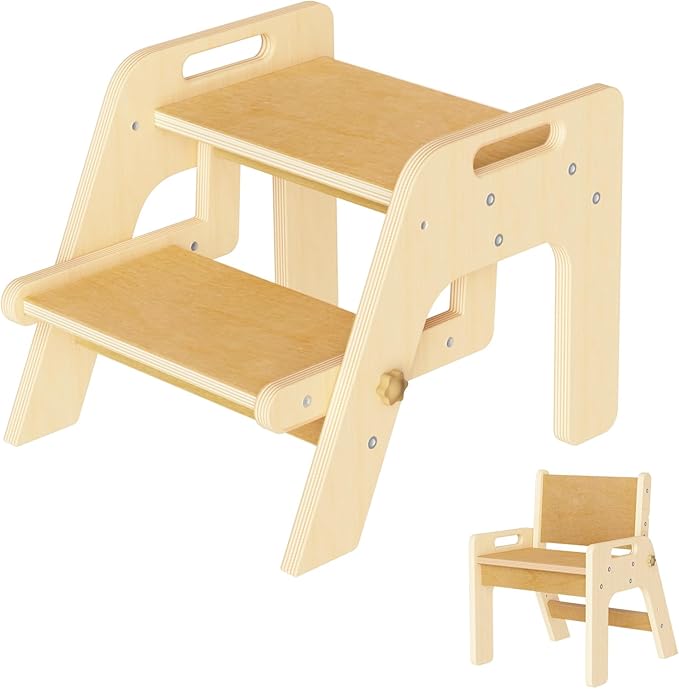 Toddler Step Stool, 2 in 1 Kids Step Stool with Safety Non-Slip Pads and Handles, Wooden Potty Training Stool, Kids Stools Toddler Stool for Bathroom Sink, Kitchen, Bedroom, Nursery, Natural