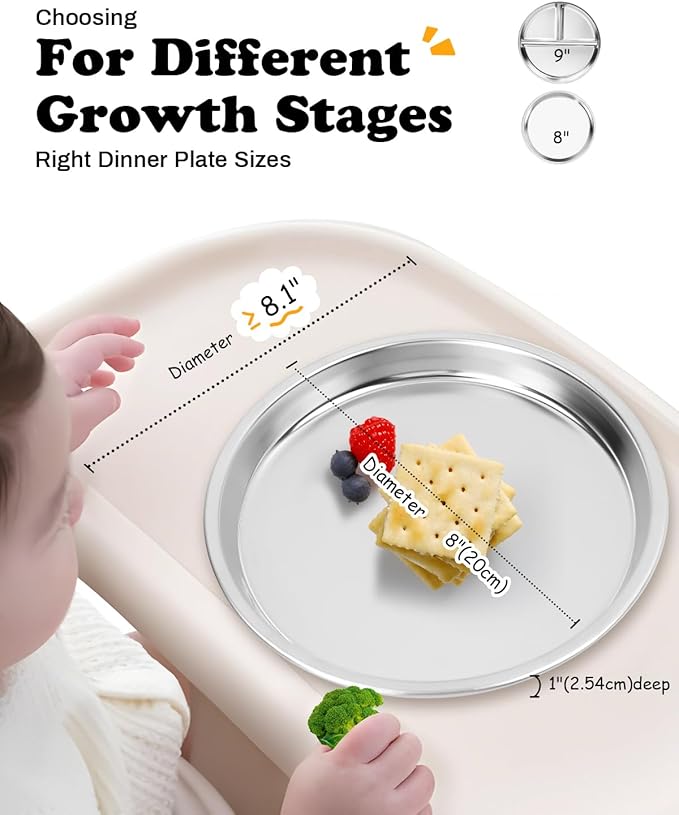 Bakpoco Stainless Steel Kids Plates 4 Packs, 8" Non Divided Toddlers Portion Control Plate, Non Toxic & BPA Free |Unbreakable |Dishwasher Safe Baby Snack Dish for Daycare, Restaurant Outings & Travel