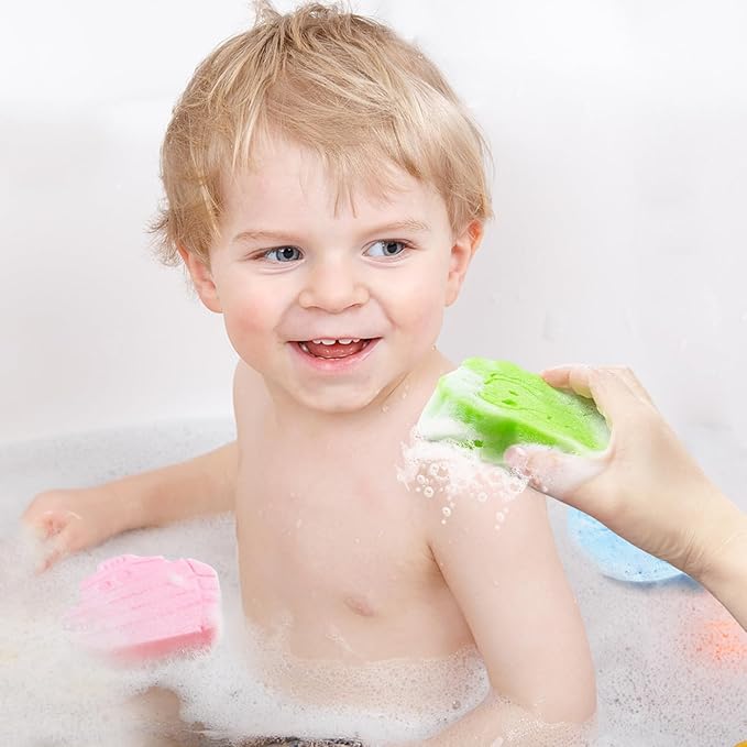 DANCELF Baby Bath Sponge, Natural Cute Shapes Soft Shower Sponges for Bathing, Bathtub Foam for Infants and Toddler, 3pcs : Blue Whale, Pink Ship, Green Dinosaur