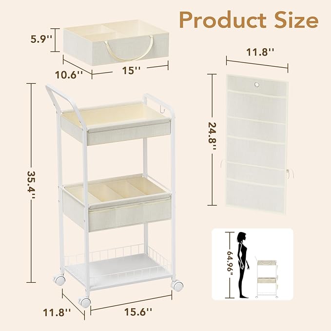 BBLIKE 3-Tier Diaper Caddy Organizer - Rolling Utility Baby Cart with Basket and Side Pockets for Nursery and Baby Essentials, Multi-Function Cart for Bedroom and Bathroom, Begie