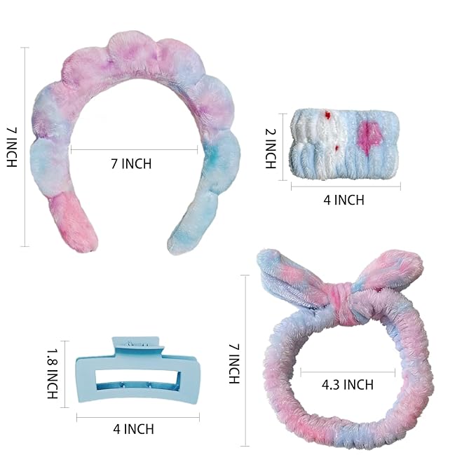 7 Pcs Spa Set, Facial Headband and Wristband Set, Skincare Accessories, College Style Girl Idea Gifts, Hair Accessories for Women and Girls （Tie Dye Blue）