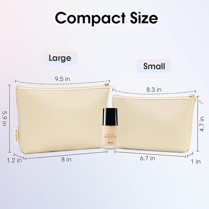 Wandering Nature Makeup Bag Small Cosmetic Bag for Purse 2 Pack Small Make Up Pouch Vegan Leather Cute Travel Pouch with Zipper for Women,Beige