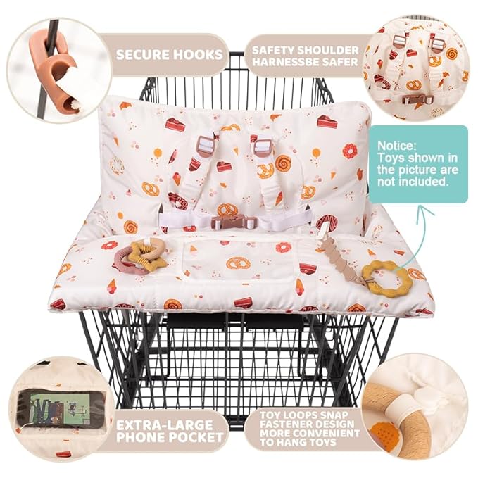 Shopping Cart Cover for Baby 2 in 1 High Chair Covers for Restaurant Comfortable Grocery Cart Seat Covers for Infant, Toddler Universal Suitable for Most Shopping Carts Machine Washable, Dessert