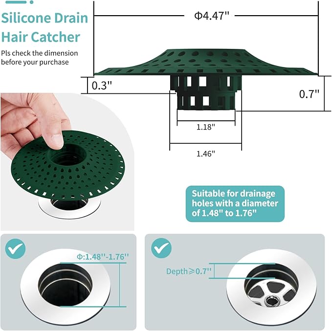 Aluvor Shower Hair Drain Catcher, Silicone Bathtub Drain Hair Catcher Strainer, All-in-one Tub Hair Catcher Drain Protector for 1.48'' to 1.76'' Regular Drains, 3PCS/LBlue Dgrey DGreen