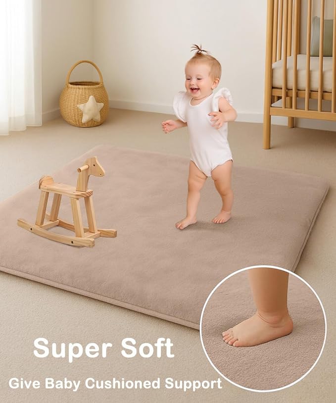 Baby Play Mat for Floor, 1.2″ Thick Foam 74X50 Playpen Mat, Ultra-Soft Velvet for Tummy Time & Crawling, Non-Slip Backing and Easy to Clean, Safe for Infants, Toddlers, and Kids (Lightbrown)