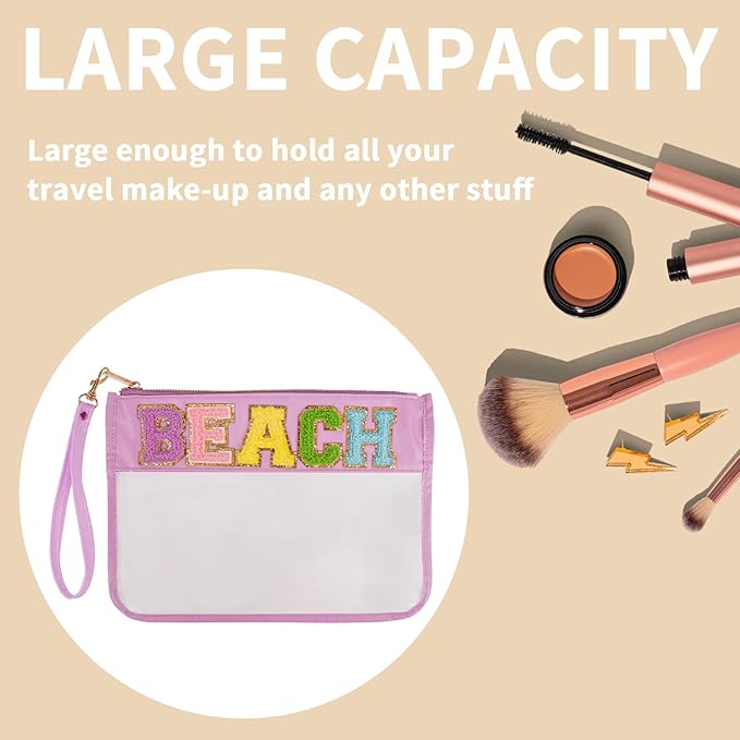 Iqimott Monogram Clear Letter Beach Bag Flat Pouch, Chenille Glitter Letter Patch Makeup Cosmetic Bag Zipper Toiletry Pouch, Portable Travel Beach Snack Wristlet Bags for Women Girls(Beach, Purple)