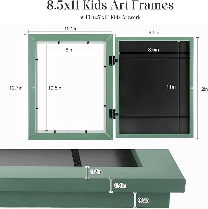 [2-Pack] Kids Art Frames, 8.5x11 Front Opening Kids Artwork Frames Changeable, Olive Green Artwork Display Storage Frame for Wall, Holds 50 Pcs, for 3D Picture, Crafts, Children Drawing, Hanging Art,