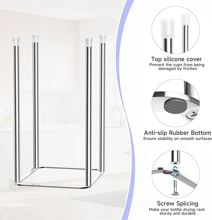 Water Bottle Drying Rack Reusable Bottle Rack Dryer Kitchen Stand Holder Metal Countertop Baby Bottle Drying Rack Water Cup Drying Rack for Plastic Bags, Bottles and Cups (Sliver, Small)