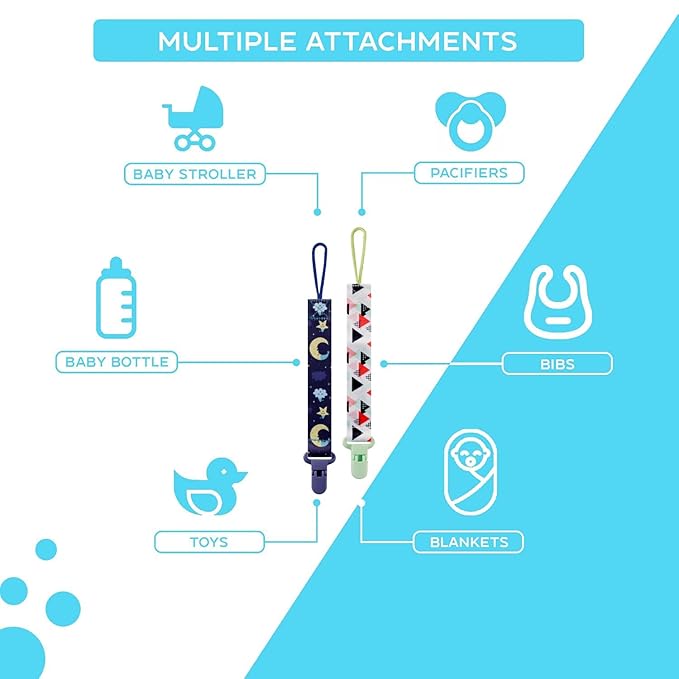 12 Pack Pacifier Clips with Short Strap(25.5cm) - Premium Polyester Baby Pacifier Holder Set, Multi-Design Clips for Boys Girls (Multicolor E 25.5cm)