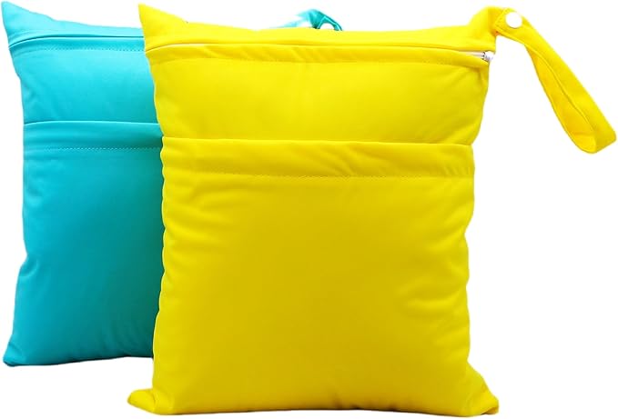 Asenappy 2pcs Cloth Diaper Wet Dry Bags Waterproof Reusable with Two Zippered Pockets Travel Beach Pool Daycare Soiled Baby Items Yoga Gym Bag for Swimsuits or Wet Clothes (3036-2-yellow+blue)