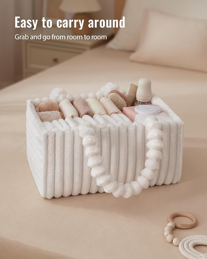 Blissful Diary Flannel Diaper Caddy Organizer, included Gift Packaging, Cozy Nursery Storage Basket, Gift for Baby Shower, Newborn Essentials, Cream Beige