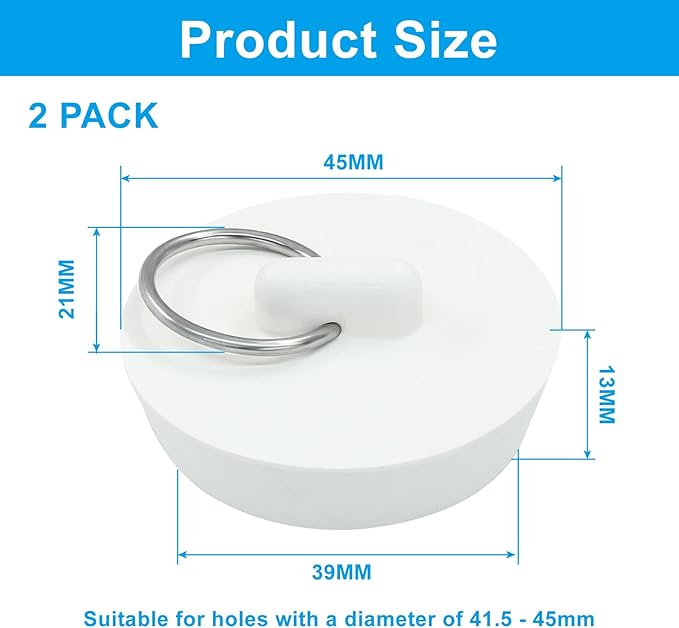 2 Pack Rubber Drain Stopper, 1-5/8 Inch Bathtub Plug Hanging Ring Bathroom Plug, Universal Kitchen Sink Plugs for Bathroom Laundry