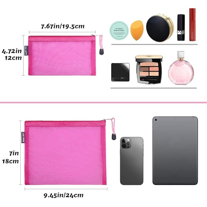 6 Pack Mesh Cosmetic Bags, Nylon Makeup Pouches with Zipper for Home Office Purse Diaper Bag (Rose)