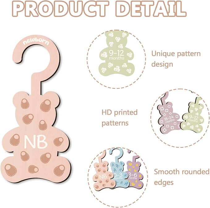 Baby Clothes Dividers for Closet - Set of 8 Wooden Baby Size Closet Dividers Newborn to 24 Months, Newborn Organizer for Boys Girls - Little Bear Shape Baby Nursery Decor Kit Newborns Gift Baby Shower