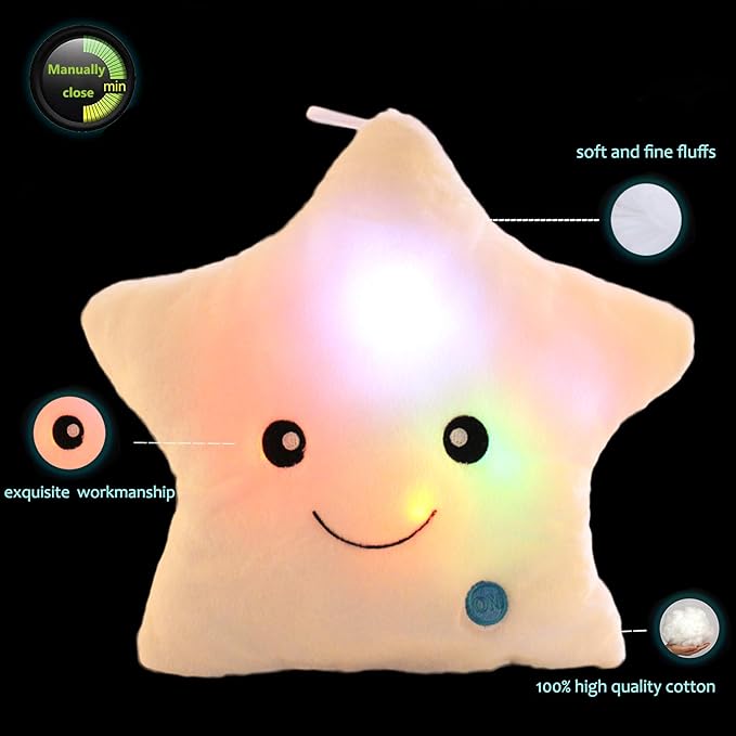 sofipal Twinkle Star Shaped Plush Throw Pillow, Creative LED Night Light Glowing Cushions Plush Stuffed Toys Gifts for Kids, Decoration (White)