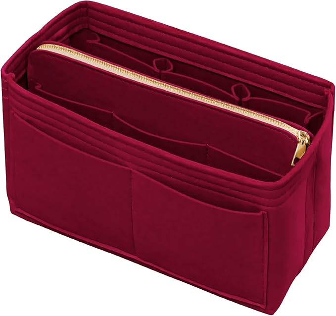 Purse Organizer Insert with Zipper Felt Bag Organizer Handbag Organizer Insert Bag in Bag Organizer with Key Chain for Tote Purse Bag Dark Red Medium