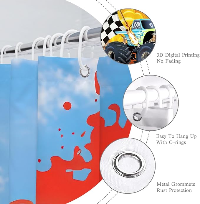 Monster Truck Shower Curtain Cool Cartoon Racing Car Boy Home Bathroom Decor Waterproof Fabric 72Lx72W Inch with Plastic 12PCS Hooks