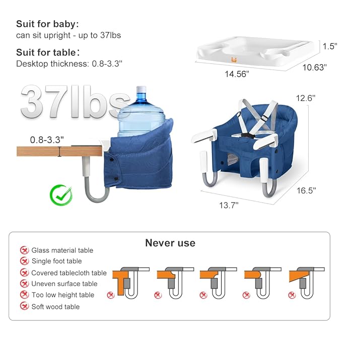 MTWML Hook On High Chair with Tray,Portable Baby High Chair That Attaches to Table,Clip On Fast Table Seat for Babies and Toddlers.Baby Feeding Seat for Dining Tables and Counter(Pure-Blue)