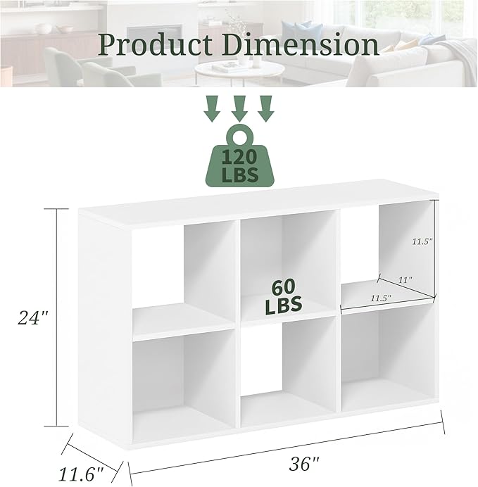 6-Cube Storage Organizer, White Bookshelf with Open Compartments for Home Office, Modern Bookcase Display Shelf for Living Room, Bedroom & Entryway
