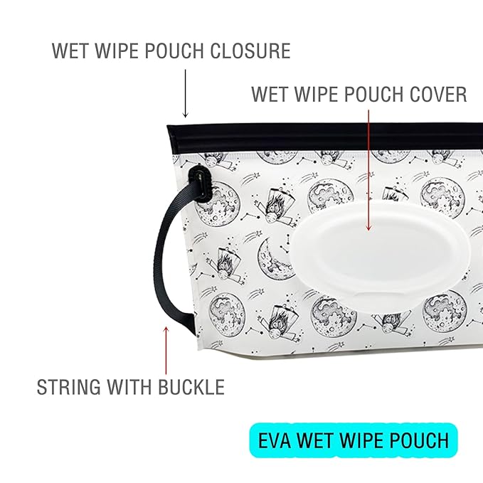 Portable Refillable Wet Wipe Pouch, Reusable Travel Wipes Holder & Case, Lightweight Flushable Diaper Wipes Container for Baby (Moon Girl)