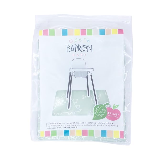 BapronBaby Dino Friends Sage Splash Mat - Waterproof Catch-All for Under High Chairs, Floors, Tables, Playtime or Arts & Crafts - Machine Washable - 45" x 45”