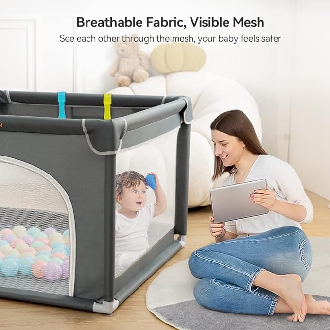 COMOMY Playpens for Babies and Toddlers, Small Baby Play Pens, Activity Center for Safe and Non-Slip Baby Fence, Full Mesh Design, Indoor & Outdoor Kids Activity Center (Dark Grey, 36"x36")