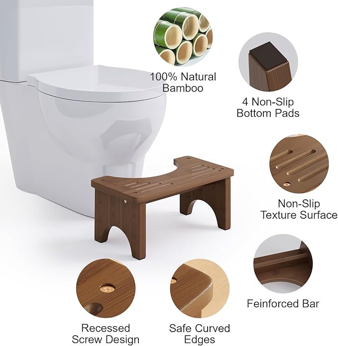 Wooden Squatting Potty Stool for Adults, 6.7 Inch Toilet Poop Stool Adult, Bamboo Wood Toilet Stools Squat for Pooping, Portable Toilet Steps for Bathroom, Brown