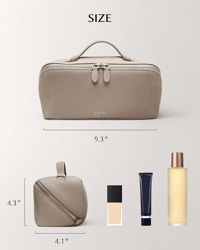 EACHY Travel Makeup Bag, Large Capacity Cosmetic Bag for Women, Waterproof PU Leather, Flat Open Portable Toiletry Bag for Skincare, Brushes & Travel Essentials