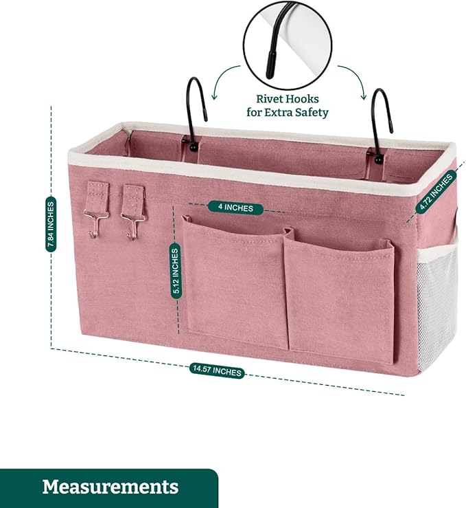 Bedside Caddy Organizer Hanging Storage Bag with Pockets for Books, Magazines, Phone, Tablet & Water Bottle – 2-Pack Bedside Storage for Dorm Rooms, Bunk Beds, Hospital Beds & Cribs,Pink