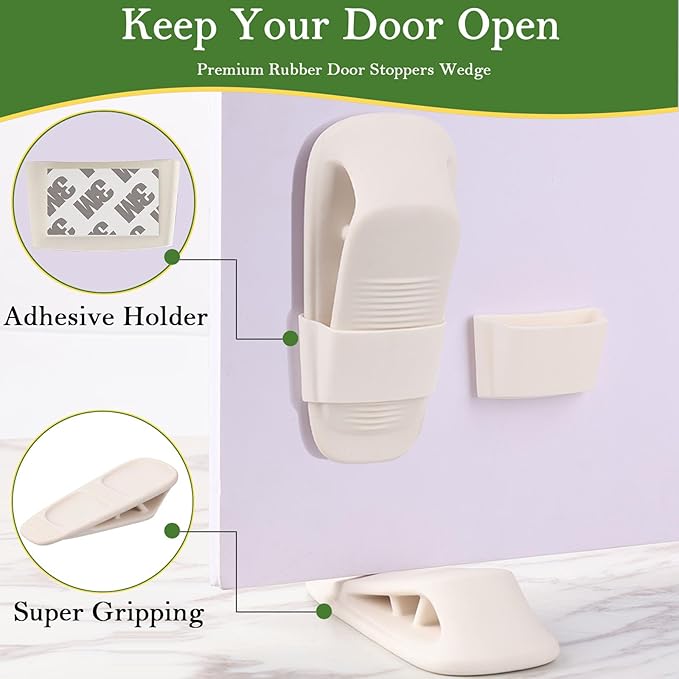 Fursafe&Q Rubber Door Stoppers for Bottom of Door, Door Stop Wedge with Holder, Heavy Duty Doorstops 8 Pack, Wall Protector for Home & Office & School & Commercial Doorstop Keep Open Stack White