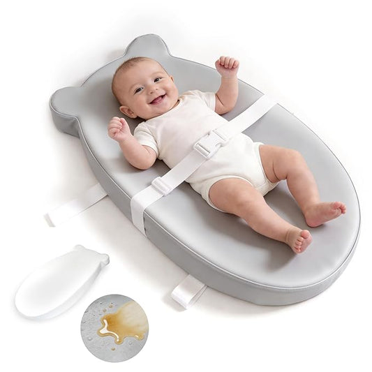 Baby Diaper Changing Pad with Wipeable & Waterproof PU Cover, Contoured Baby Changing Pad for Dresser, Non-Slip Changing Table Pad with Adjustable Strap, Cushioned Contoured Foam Grey