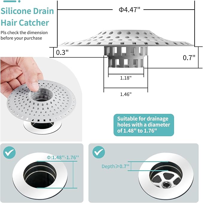 Aluvor Bathtub Drain Hair Catcher,Silicone Tub Hair Catcher Drain Protector,All-in-one Shower Hair Drain Catcher Strainer for 1.48'' to 1.76'' Regular Drains, 3PCS/Grayish-White
