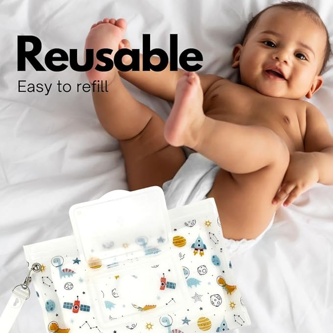 Baby Wipes Dispenser Portable & Refillable Wet Wipe Pouch Pack of 2 Reusable Wipes Holder and Wipe Container, Baby Essential, Makeup Wipe Travel Case - Regular Size, Dinosaurs Love