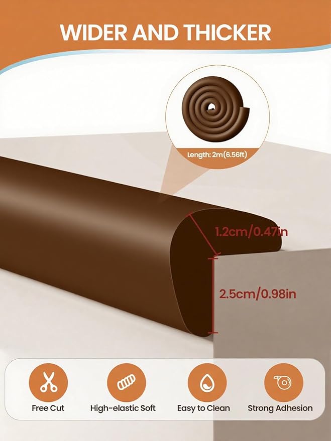 QYV Baby Proof Edge Corner Protector, 6.56FT 0.47''Th L-Shape Furniture Corner & Edge Safety Bumper with 6 Corners, Pre-Taped, Soft NBR Rubber Foam Desk Edge Cushion Wall Corner Protector (Coffee)