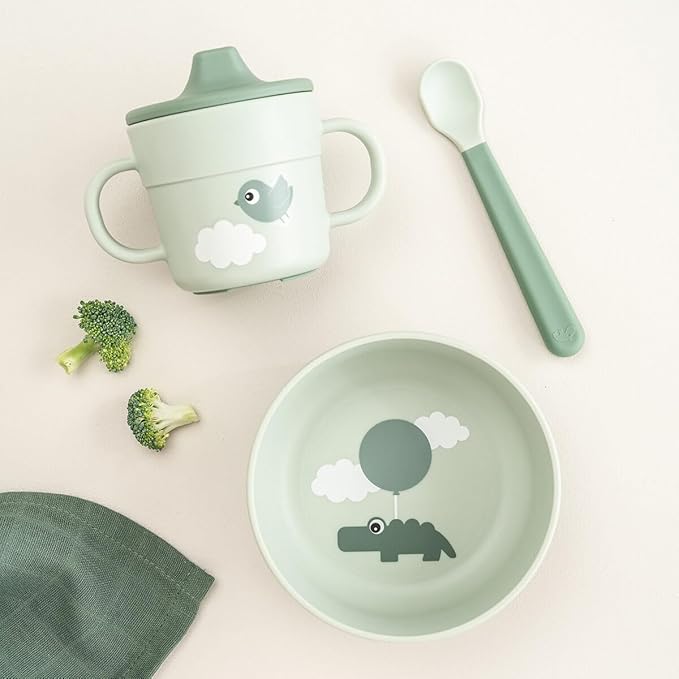 Done by Deer Foodie First Meal Set with Suction Base - Happy Clouds - Green - 3-Piece Toddler Feeding Set with Bowl, 2-Handle Spout Cup & Easy-Grip Spoon - Dishwasher & Microwave Safe