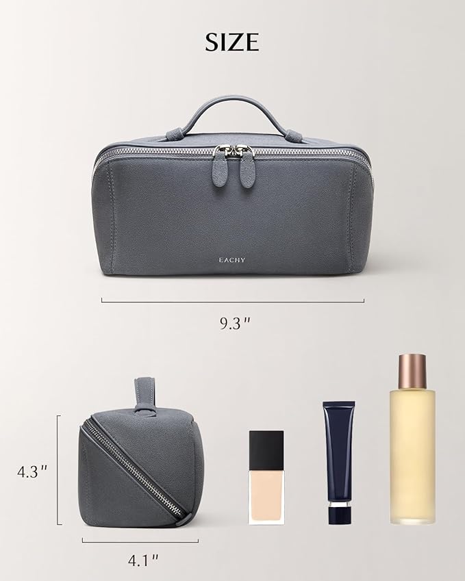 EACHY Travel Makeup Bag, Large Capacity Cosmetic Bag for Women, Waterproof PU Leather, Flat Open Portable Toiletry Bag for Skincare, Brushes & Travel Essentials