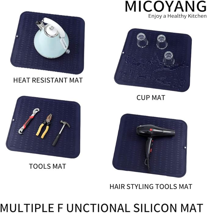 MicoYang Silicone Dish Drying Mat for Multiple Usage,Easy clean,Eco-friendly,Heat-resistant Silicone Mat for Kitchen Counter or Sink,Refrigerator or Drawer Liner Navy Blue XL 18 inches x 16 inches