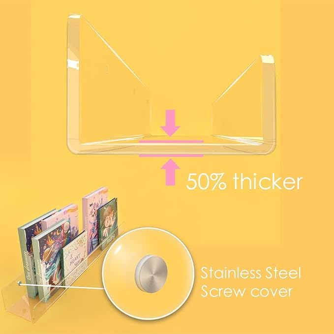 RORKIM 36 Inch 50% Thicker Clear Acrylic Book Shelves, Invisible Kids Wall Bookshelves for Baby Storage Book Rack, Toy Organizer, Book Display, Playroom, Bedroom, Toddler Room, Nursery 2 Packs