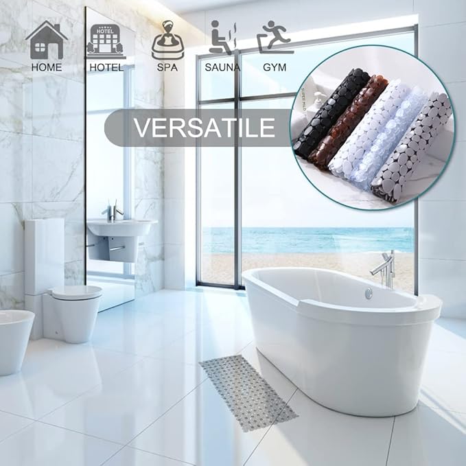 Bath Tub and Shower Mats, Non-Slip Pebble 35 x 16 Inches Machine Washable Bathtub Mat with Drain Holes, Suction Cups for Bathroom (Clear Grey)