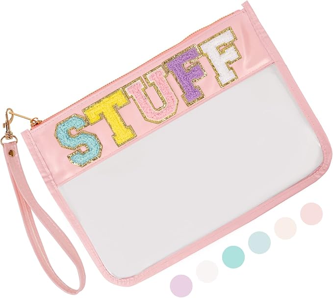 Iqimott Chenille Letter Stuff Bag Clear Flat Pouch, Monogram Glitter Letter Patch Makeup Cosmetic Bag Zipper Toiletry Pouch, Portable Travel Beach Snack Wristlet Bags for Women Girls(Stuff, Pink)