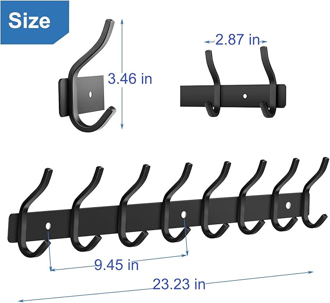HAMUTH Wall Hooks Heavy Duty, 23 Inch Coat Rack Wall Mount with 8 Hooks, Black Wall Hooks for Entryway, Bathroom - for Hanging Backpack, Bag, Coat, Purse, Hat, Towel, Clothes,2 Packs