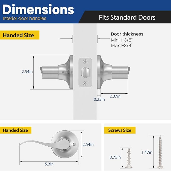 Passage Door Handle Keyless Closet Door Handles Interior Wave Lever Door Handle for Hallway, Reversible for Right & Left, Satin Nickel