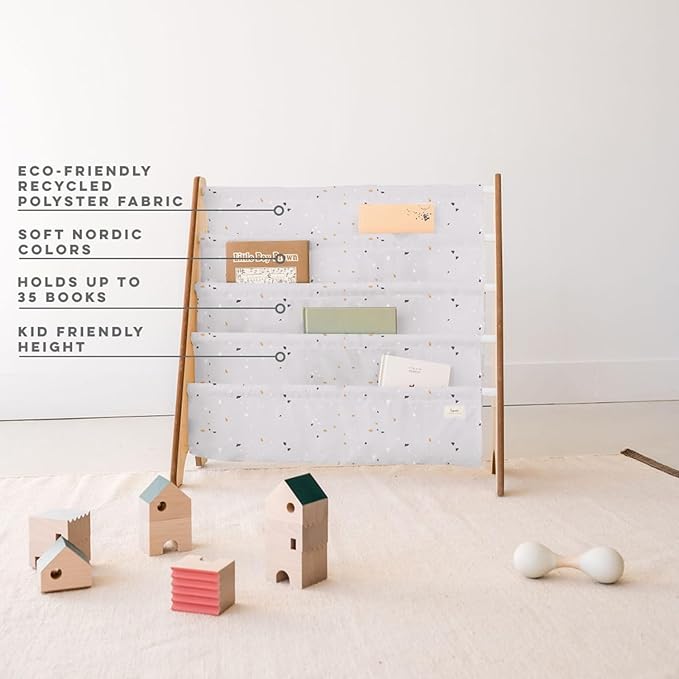 3 Sprouts Recycled Fabric Kids Bookshelf – 4-Tier Sling Book Rack Organizer - Nursery Room Playroom Classroom Wooden Book Shelves - Kid Bookcase Wood Storage Shelf for Toddler Age 3+ - Terrazzo Gray