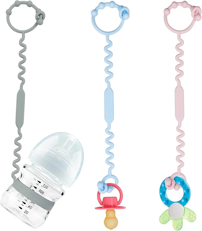 Toy Straps, Silicone Toy Straps for Stroller, Toy Safety Straps, Sippy Cup Straps, Adjustable Toy Holder for Stroller, High Chair - BPA Free (Blue Grey Pink)